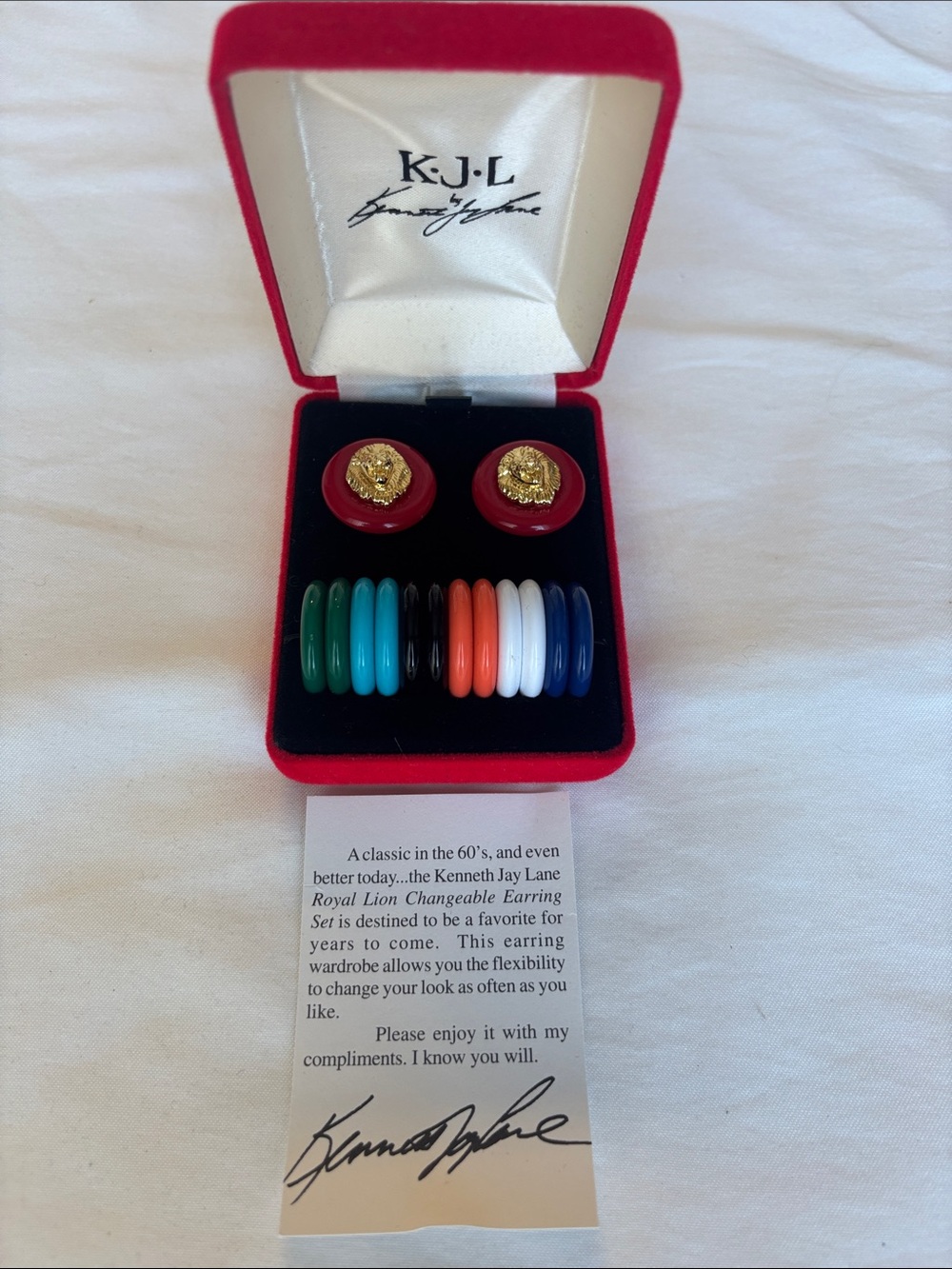 Kenneth Jay Lane Red and Gold Lion Changeable Disc Earrings
